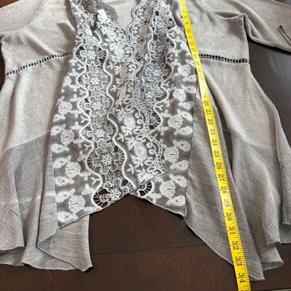 Ali Miles Lace Collar Open Front Cardigan Sweater 1X Gray Artsy Lagenlook Flowy - Picture 11 of 11